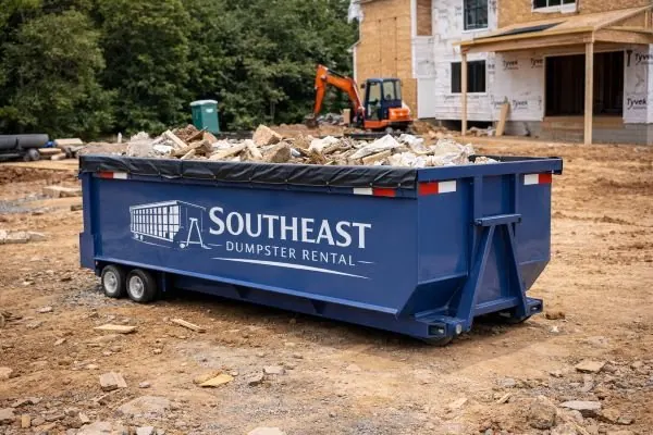 Blue roll-off filled with rubble on a cleared building lot with an excavator in the background