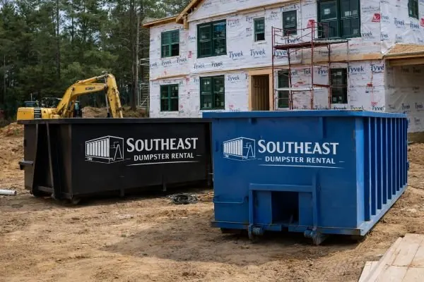 Black and blue roll-off dumpsters on a cleared lot beside a house under construction