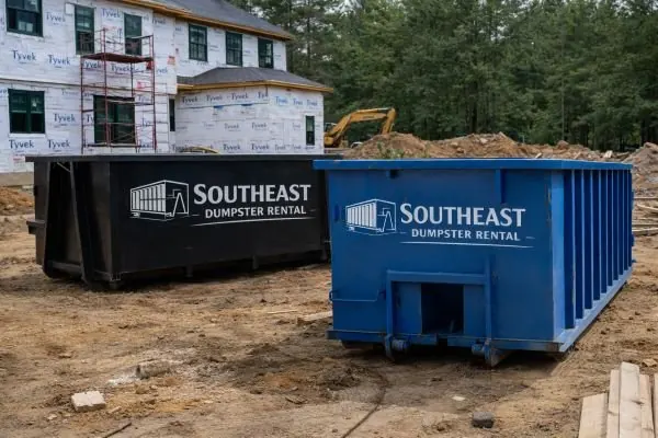 Two roll-off dumpsters, one black and one blue, beside a newly framed and wrapped house