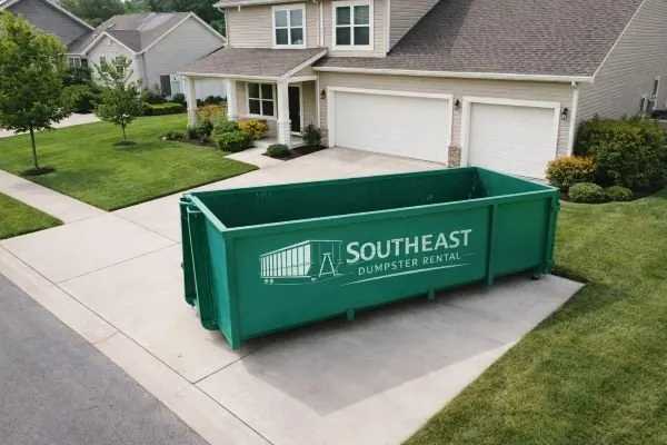 Green open-top roll-off on a wide suburban driveway in front of a two-car garage