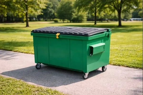 Green wheeled commercial bin with a black lid on a paved path between lawns