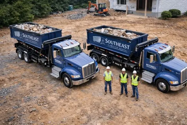 Two roll-off trucks loaded with debris on a dirt construction site, three workers in safety vests