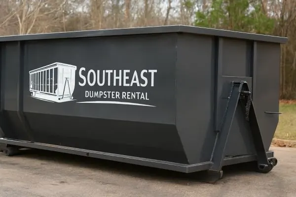 Charcoal gray roll-off container on a gravel lot with trees behind